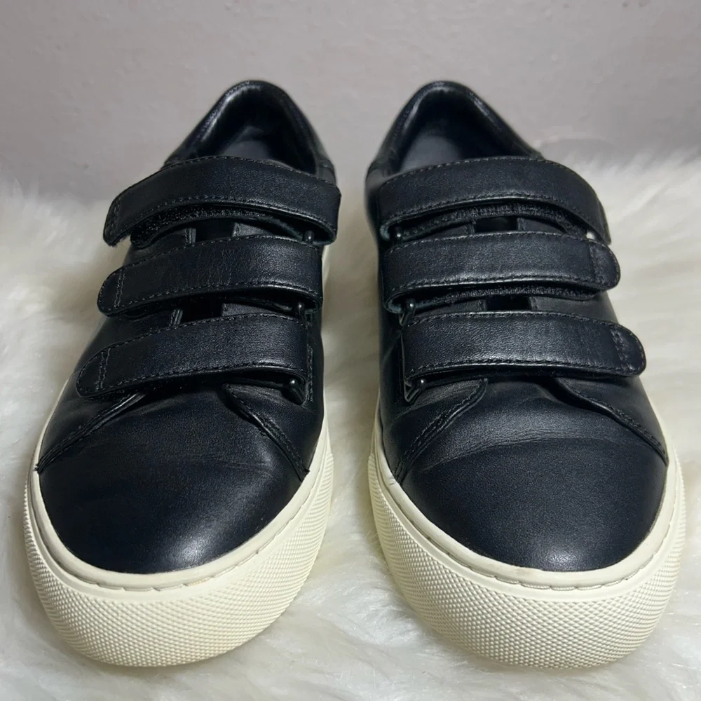 Tory Burch Sport Triple Strap Sneakers Slip On Leather Black Shoes Size 6.5